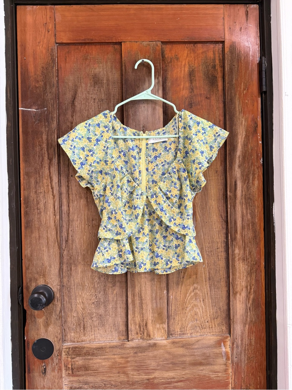 Astr Floral Ruffle Peplum Blouse in Yellow and Blue